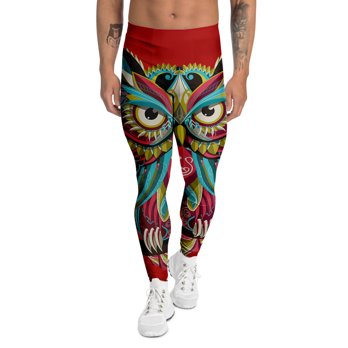 Red Colorful Owl Print Men's Leggings-grizzshop
