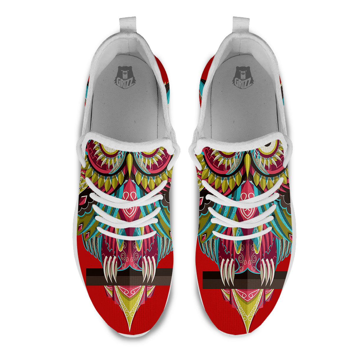 Red Colorful Owl Print White Athletic Shoes-grizzshop