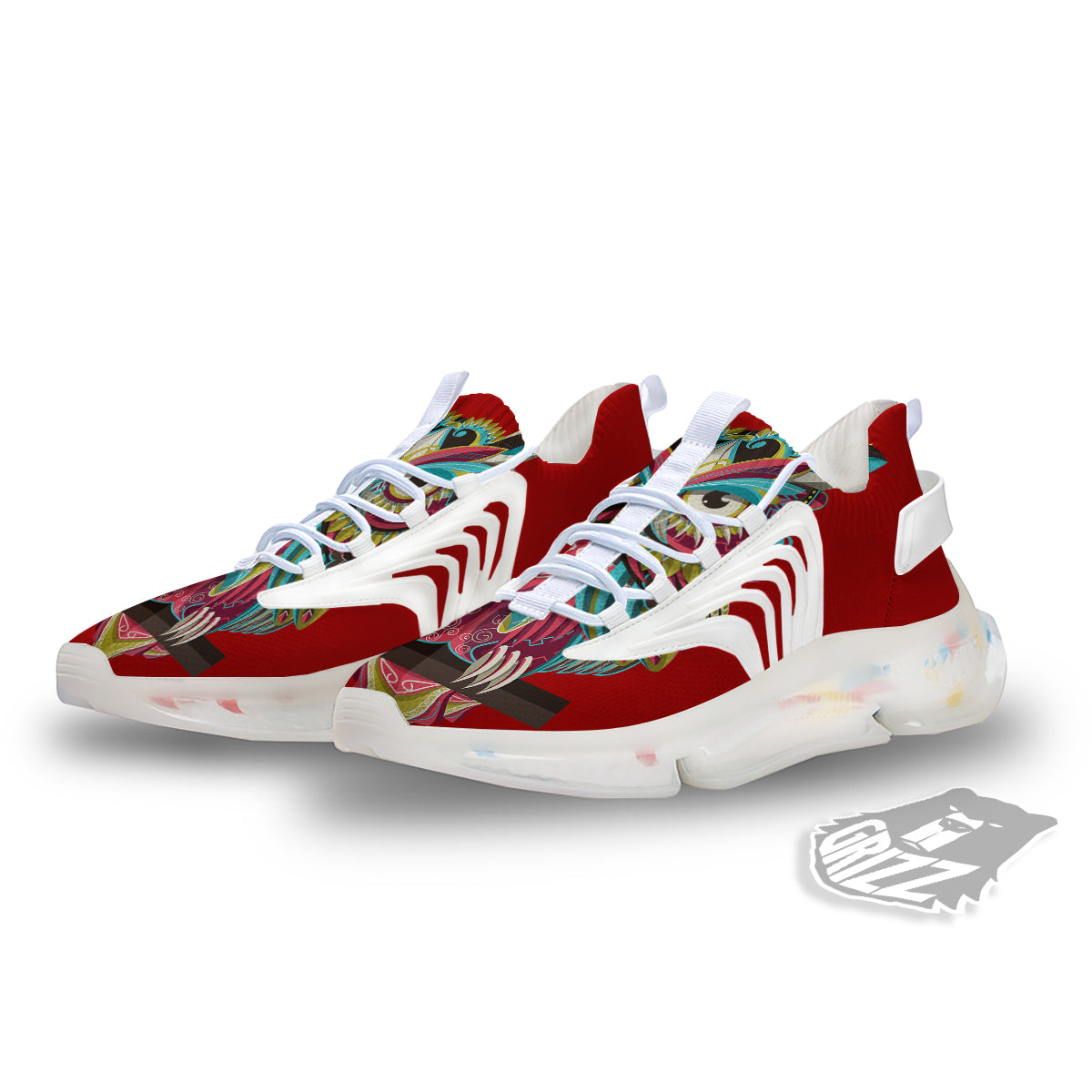 Red Colorful Owl Print White Gym Shoes-grizzshop