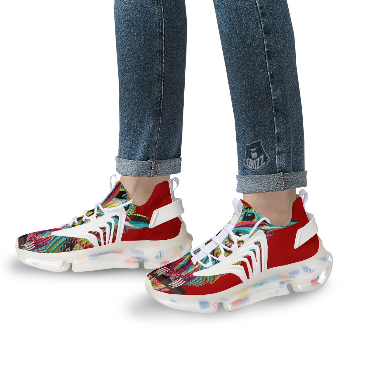 Red Colorful Owl Print White Gym Shoes-grizzshop