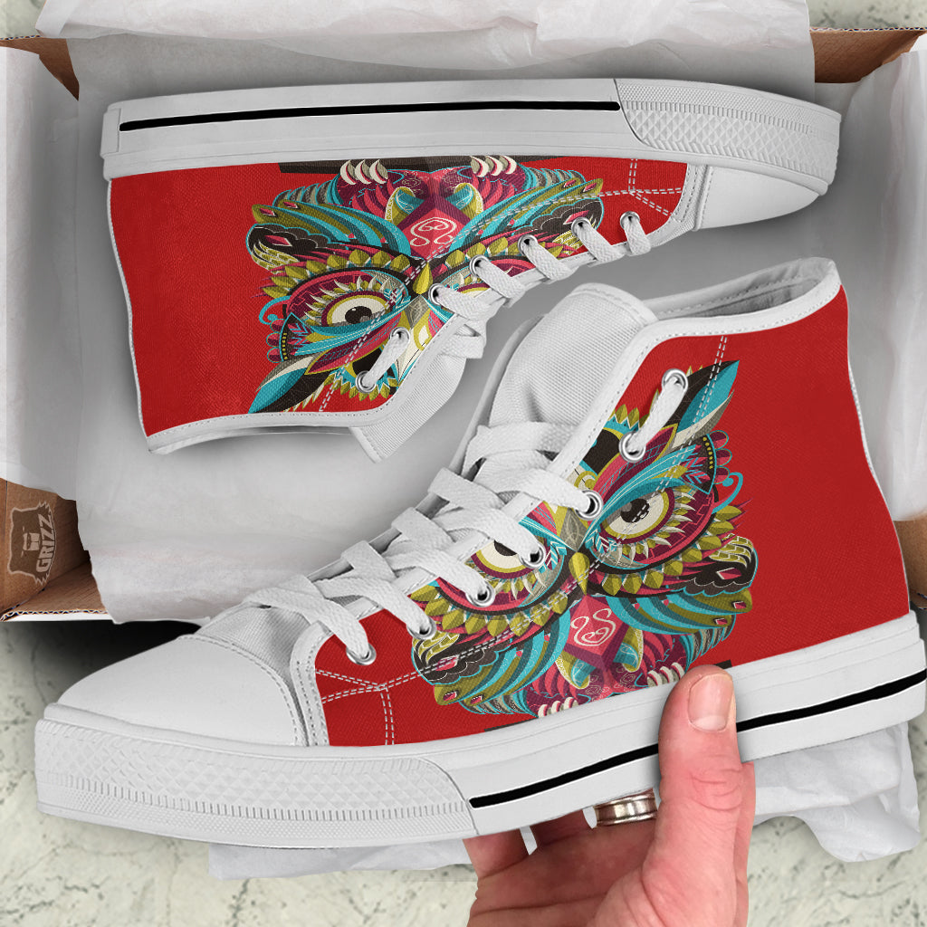 Red Colorful Owl Print White High Top Shoes-grizzshop