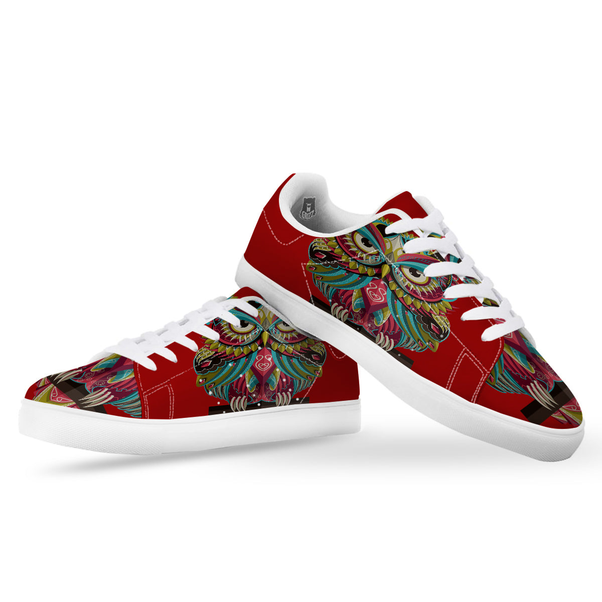 Red Colorful Owl Print White Low Top Sneakers-grizzshop