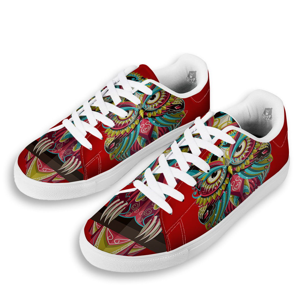 Red Colorful Owl Print White Low Top Sneakers-grizzshop