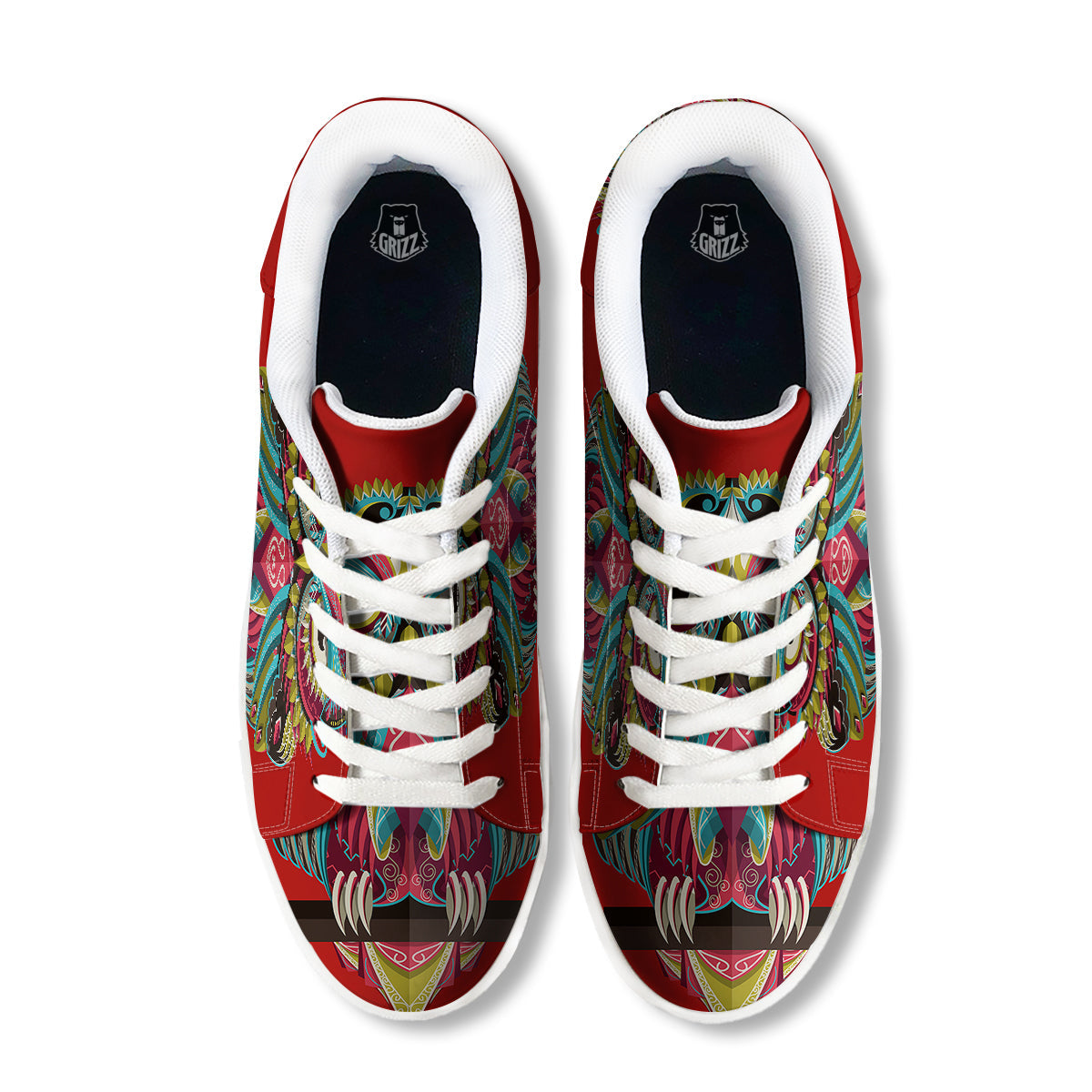 Red Colorful Owl Print White Low Top Sneakers-grizzshop