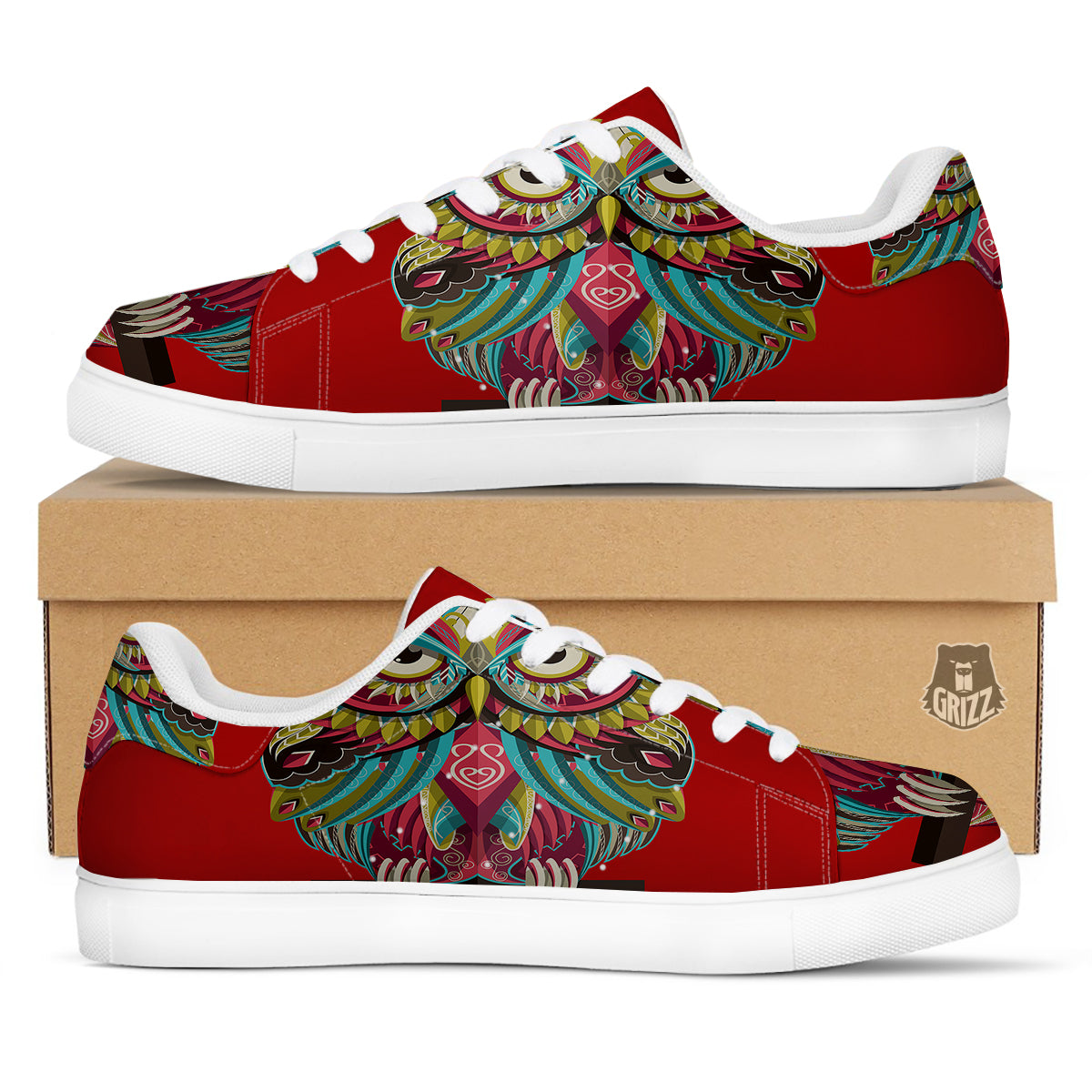 Red Colorful Owl Print White Low Top Sneakers-grizzshop