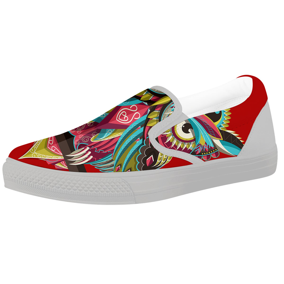 Red Colorful Owl Print White Slip On Shoes-grizzshop