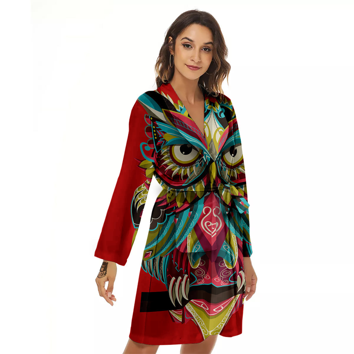 Red Colorful Owl Print Women's Robe-grizzshop