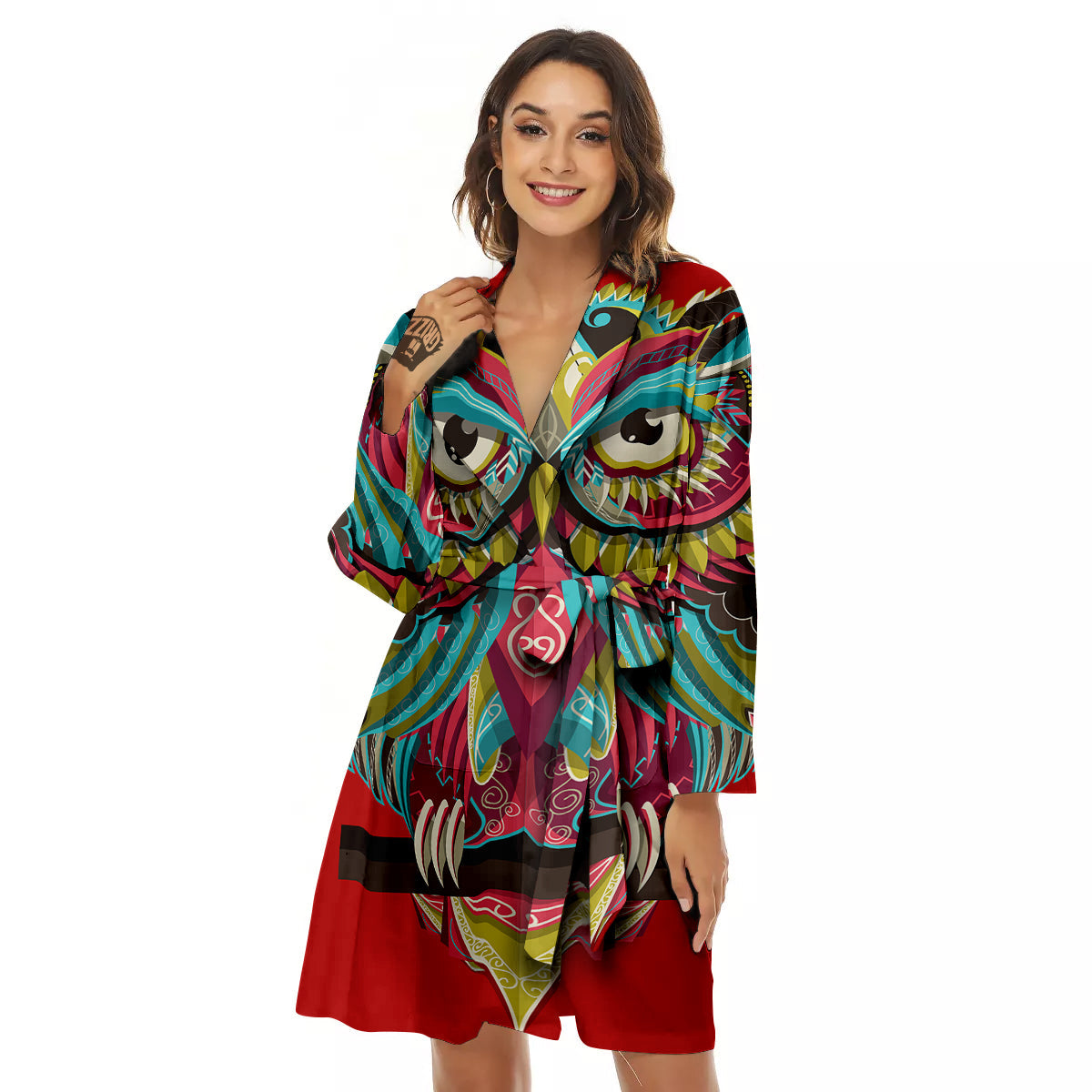 Red Colorful Owl Print Women's Robe-grizzshop