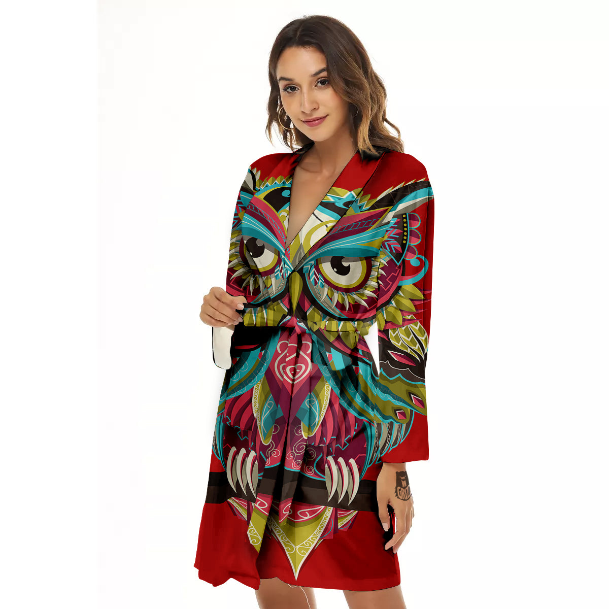 Red Colorful Owl Print Women's Robe-grizzshop
