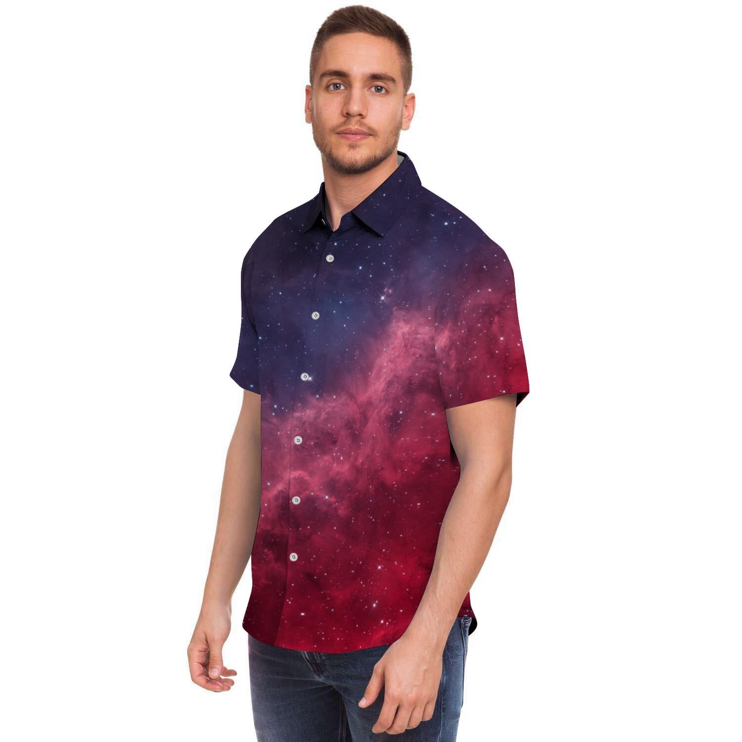 Red Cosmic Galaxy Space Men's Short Sleeve Shirt-grizzshop