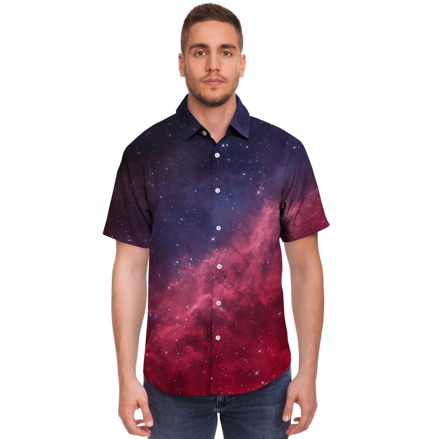 Red Cosmic Galaxy Space Men's Short Sleeve Shirt-grizzshop
