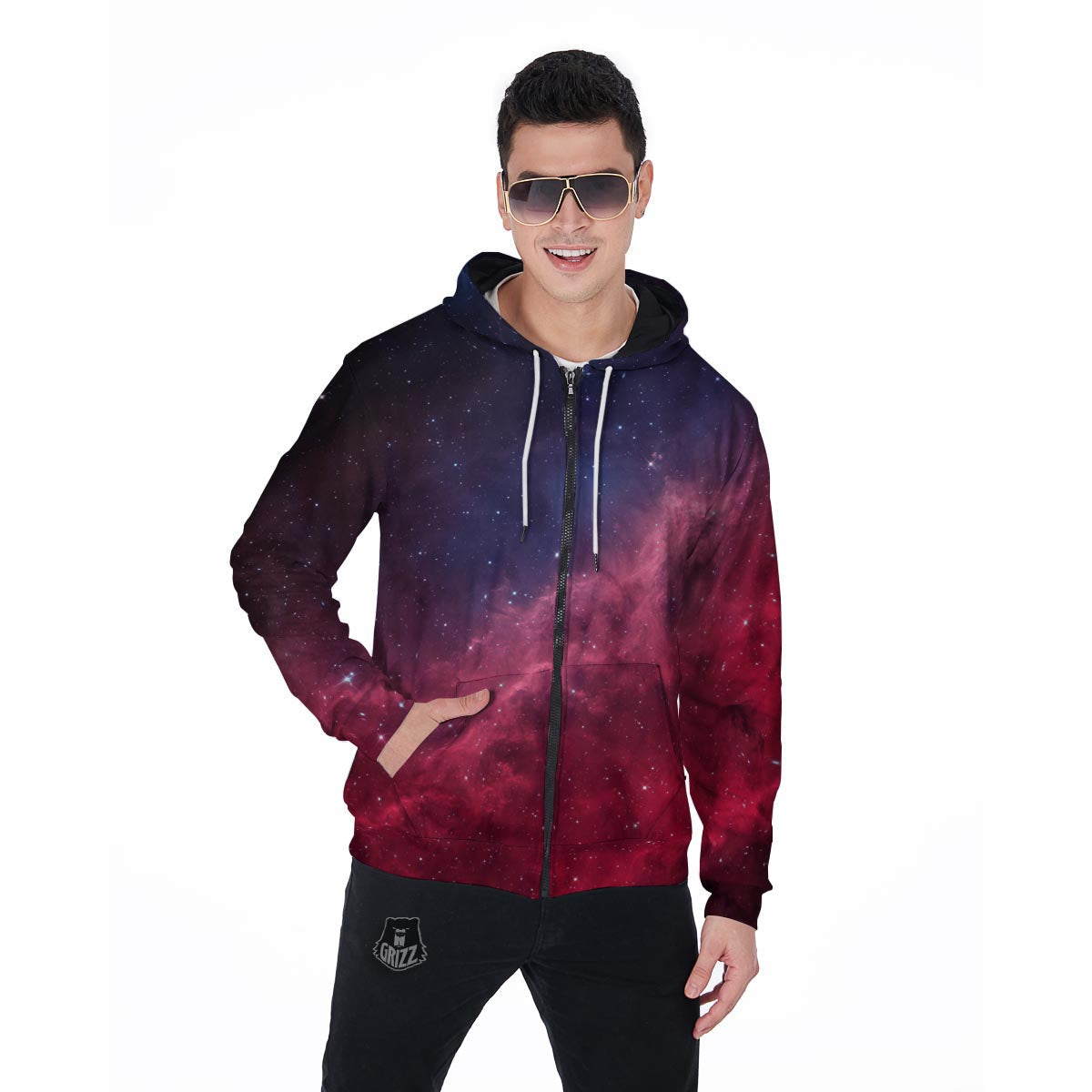 Red Cosmic Galaxy Space Men's Zip Up Hoodie-grizzshop