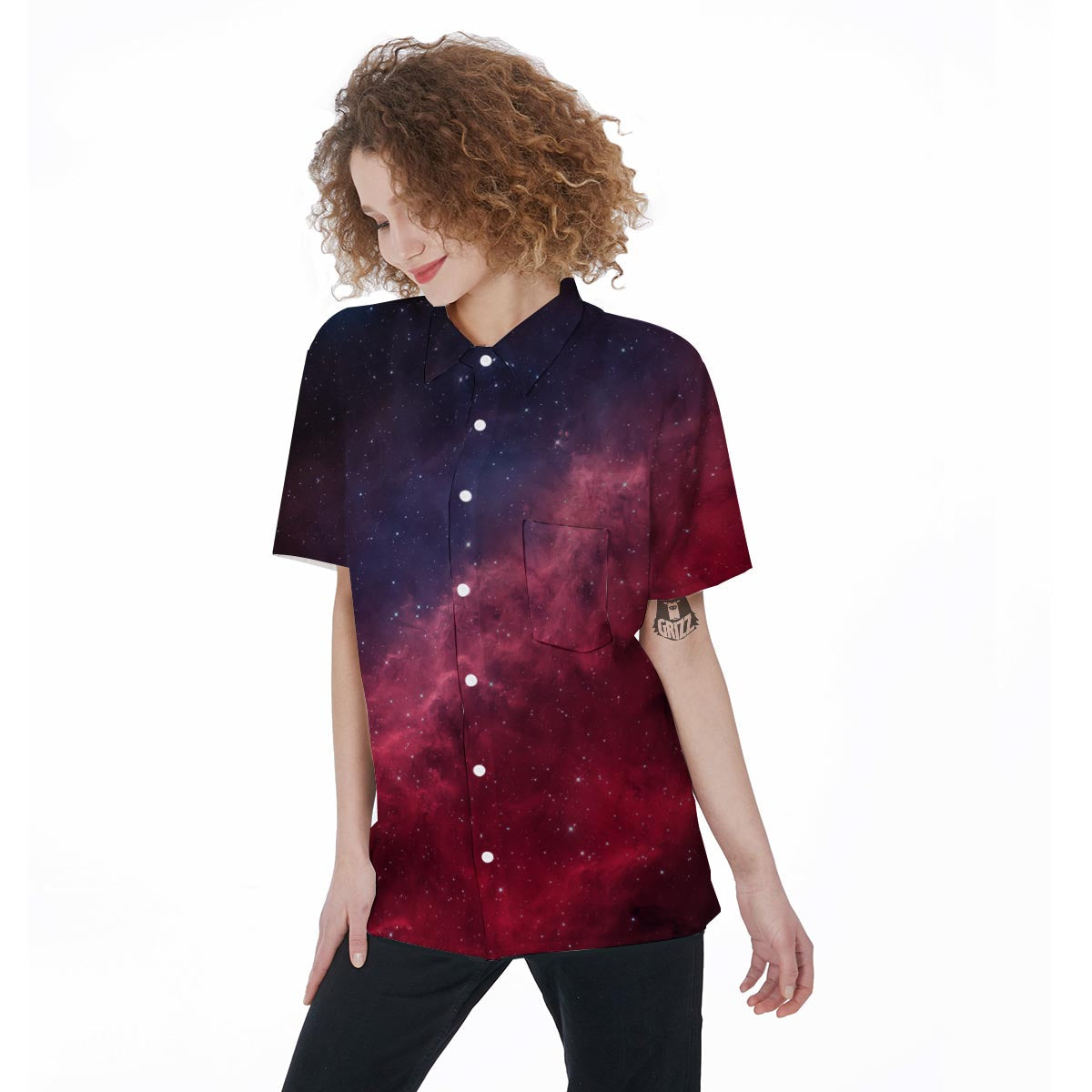Red Cosmic Galaxy Space Women's Short Sleeve Shirts-grizzshop