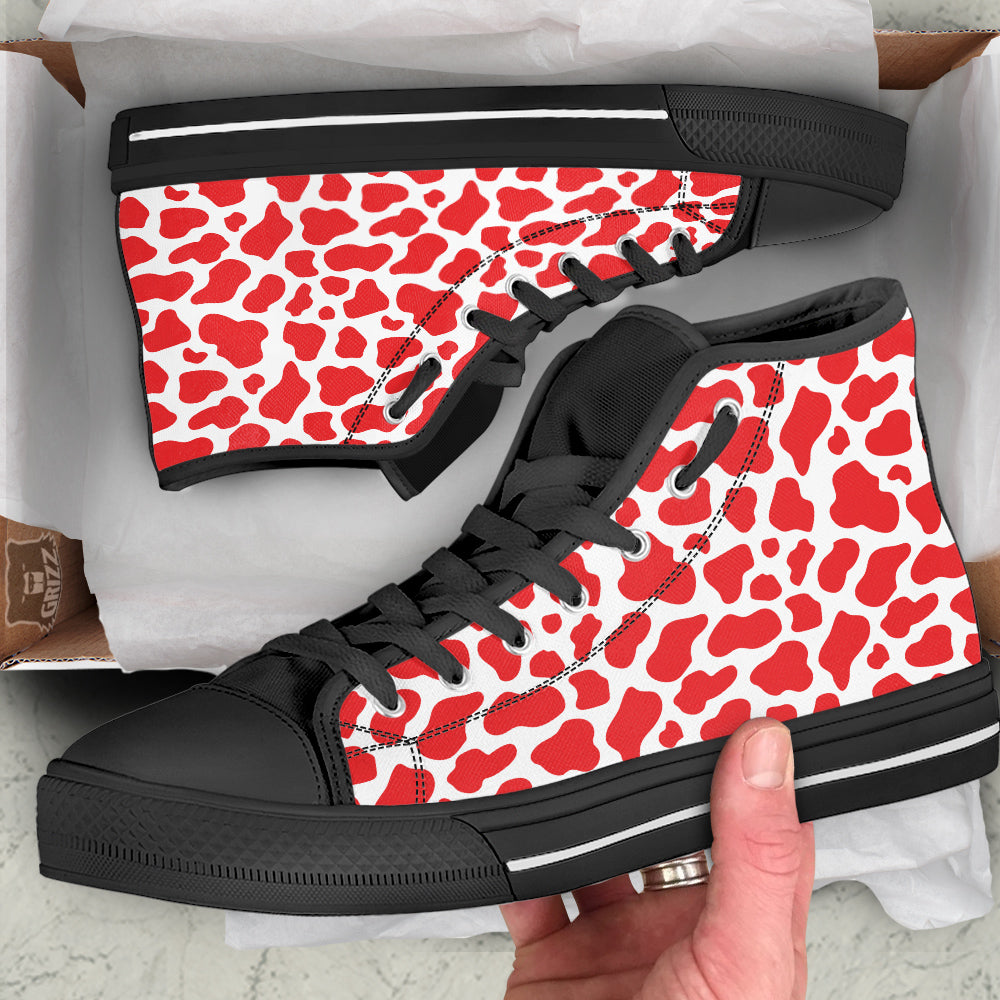 Red Cow Print Pattern Black High Top Shoes-grizzshop