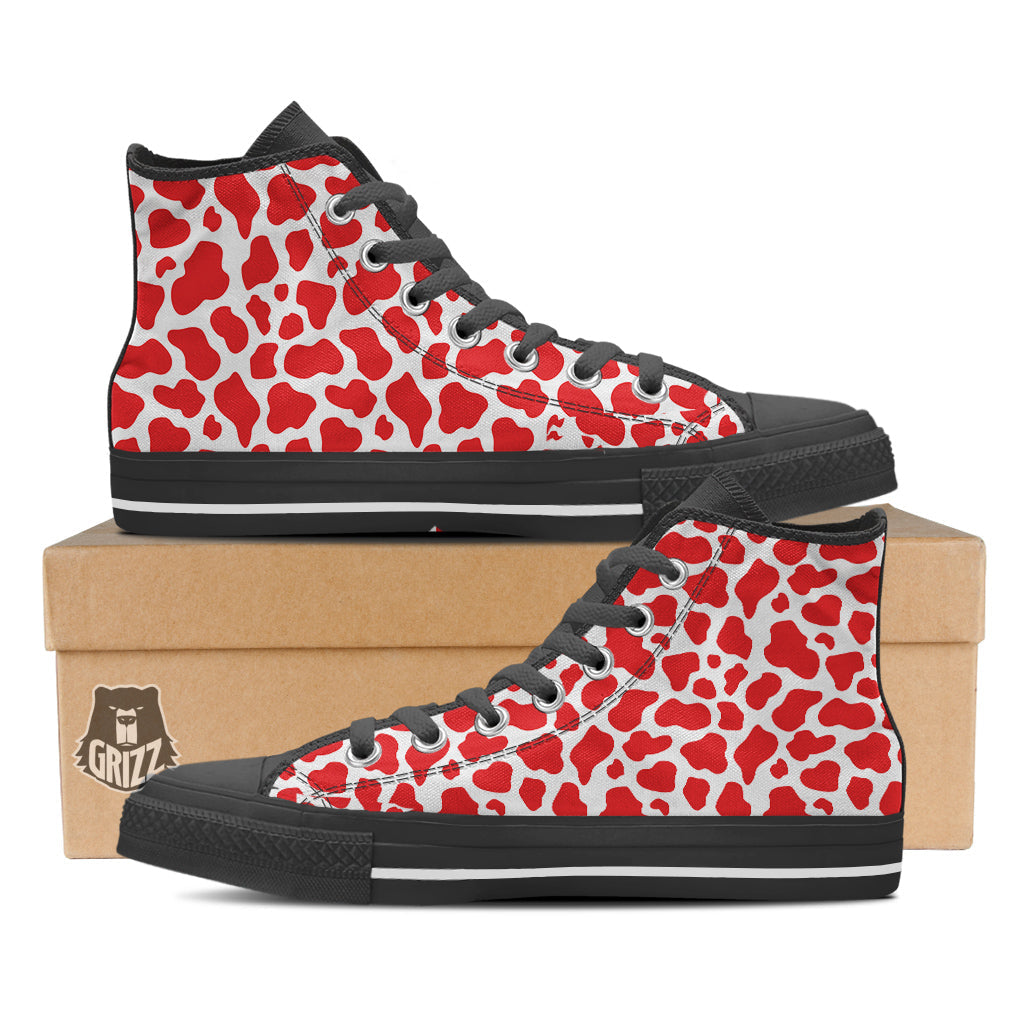 Red Cow Print Pattern Black High Top Shoes-grizzshop