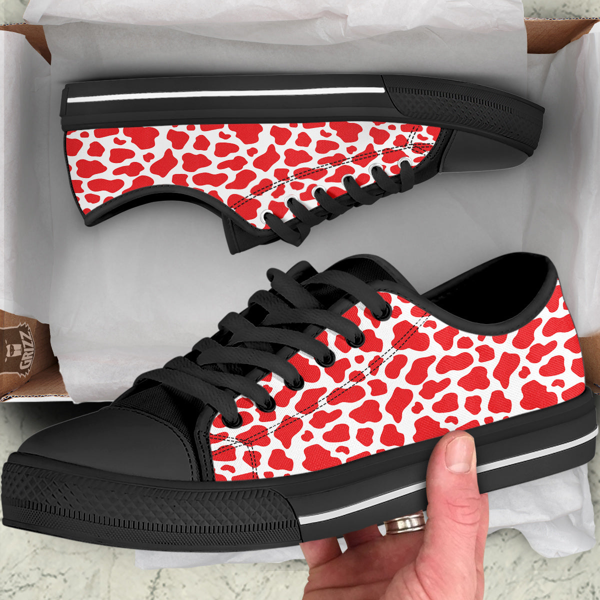 Red Cow Print Pattern Black Low Top Shoes-grizzshop