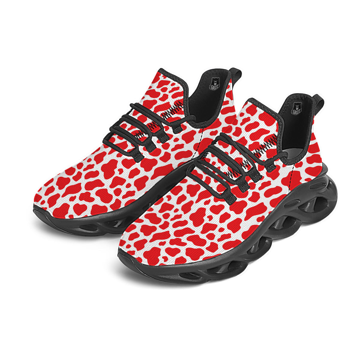 Red Cow Print Pattern Black Running Shoes-grizzshop