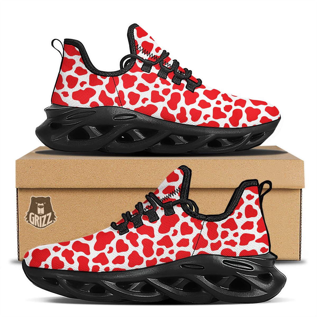 Red Cow Print Pattern Black Running Shoes-grizzshop