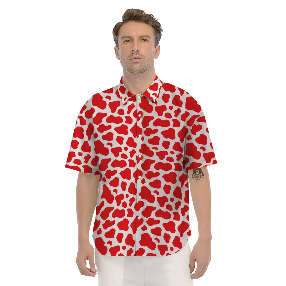 Red Cow Print Pattern Men's Short Sleeve Shirts-grizzshop