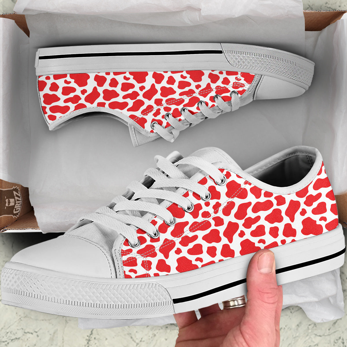 Red Cow Print Pattern White Low Top Shoes-grizzshop
