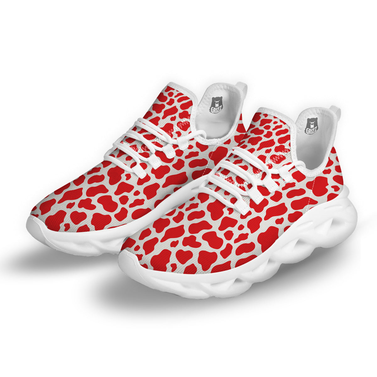 Red Cow Print Pattern White Running Shoes-grizzshop