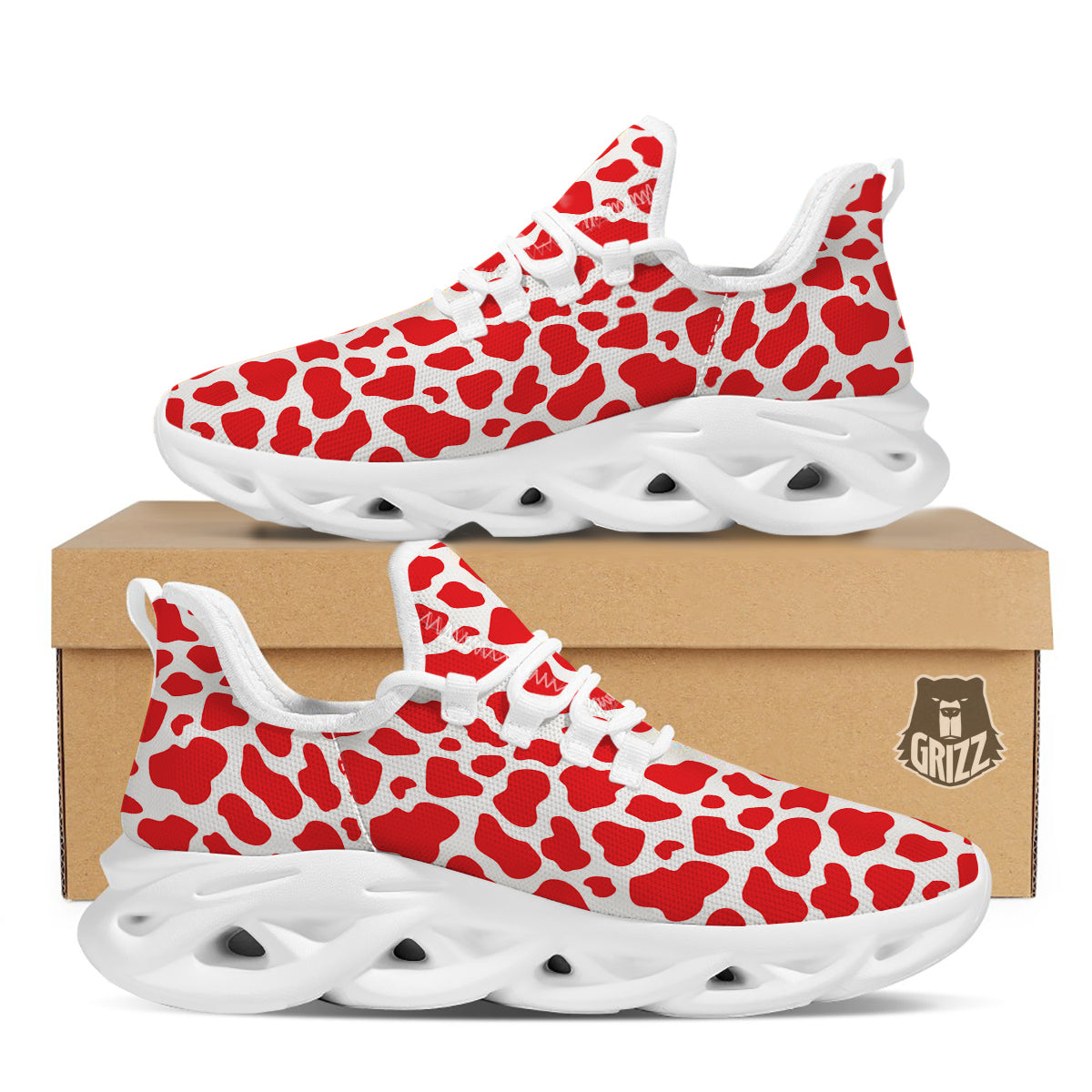 Red Cow Print Pattern White Running Shoes-grizzshop