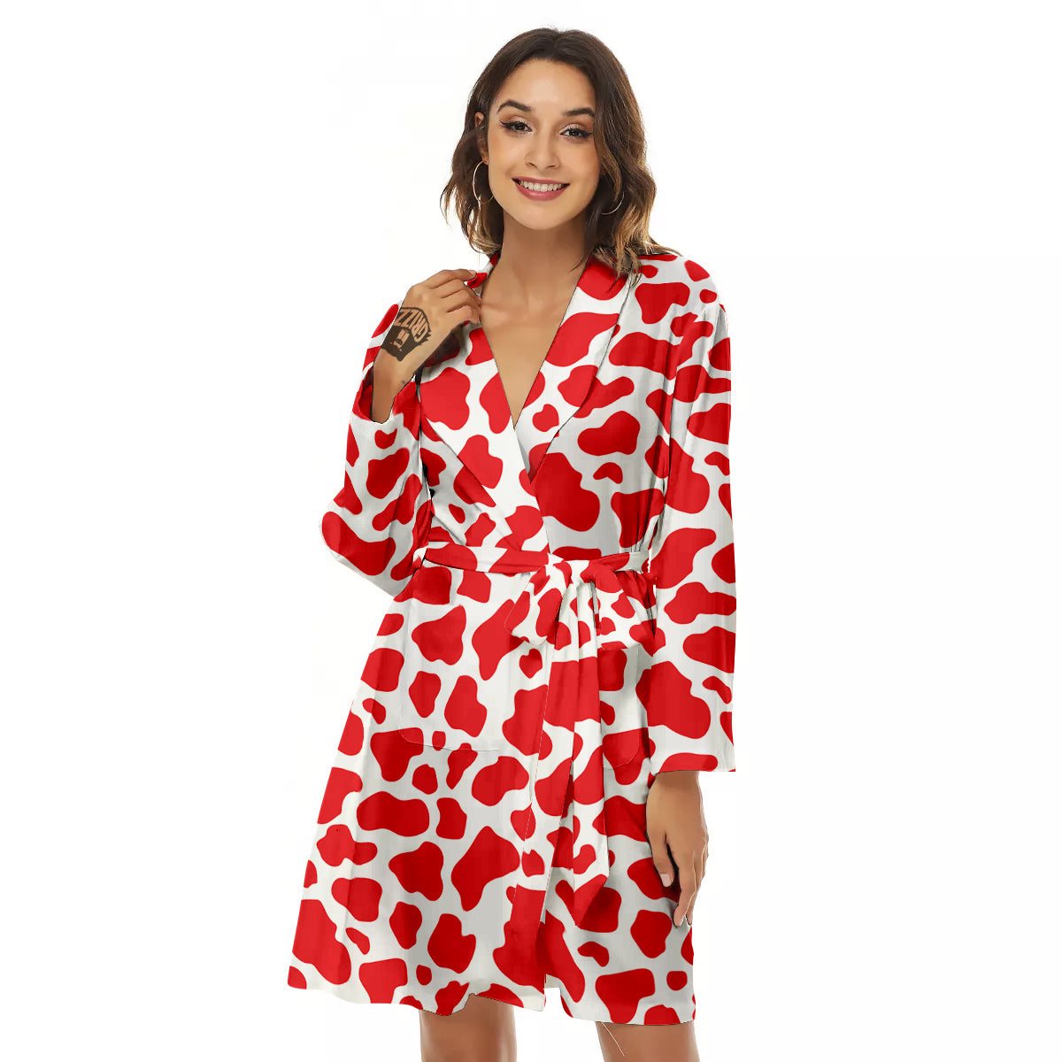 Red Cow Print Pattern Women's Robe-grizzshop