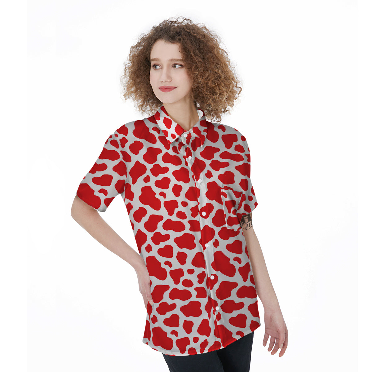 Red Cow Print Pattern Women's Short Sleeve Shirts-grizzshop