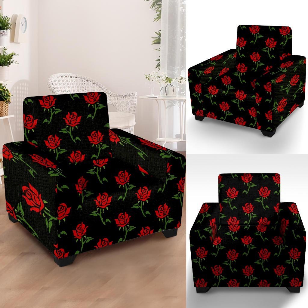 Red Doodle Rose Floral Armchair Cover-grizzshop