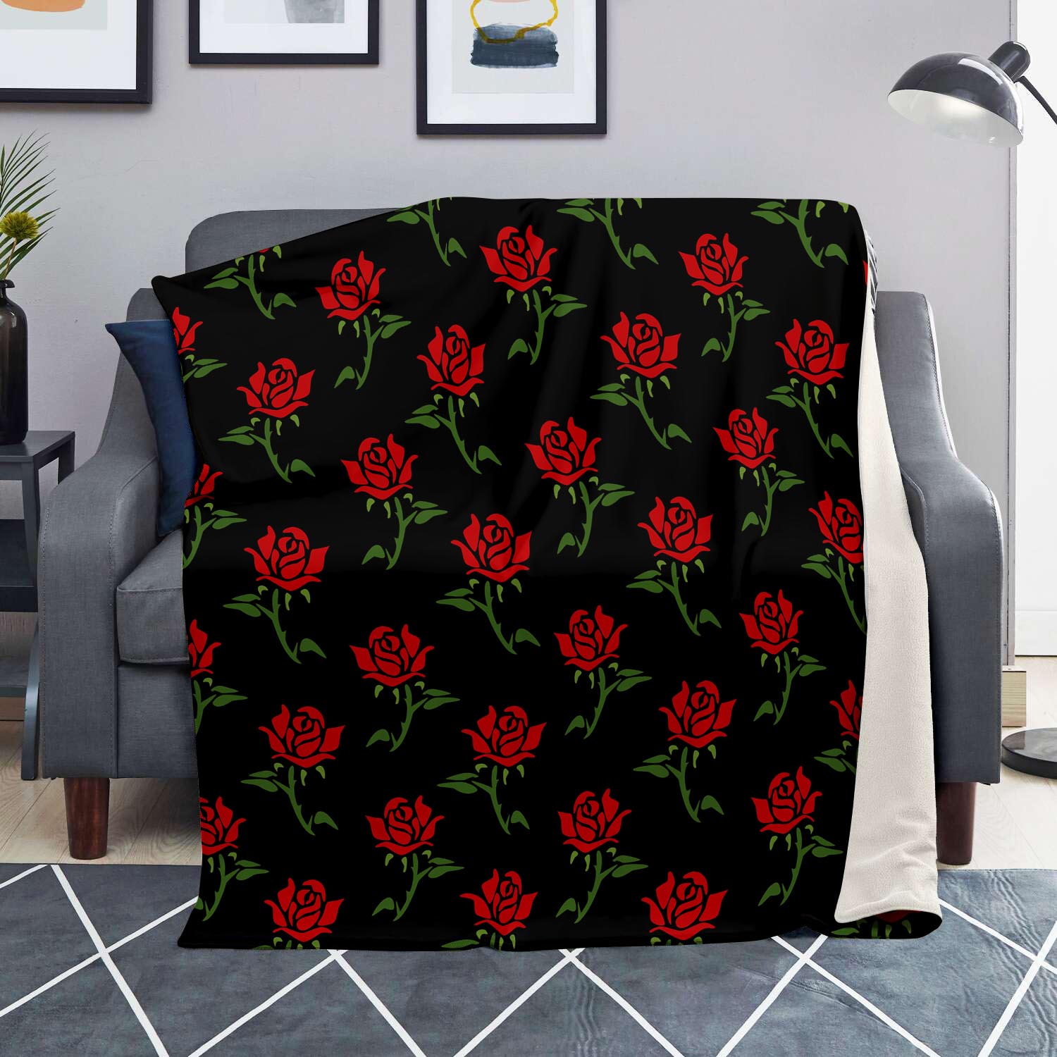 Red Doodle Rose Floral Blanket-grizzshop