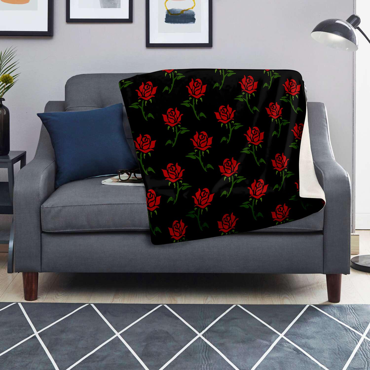 Red Doodle Rose Floral Blanket-grizzshop