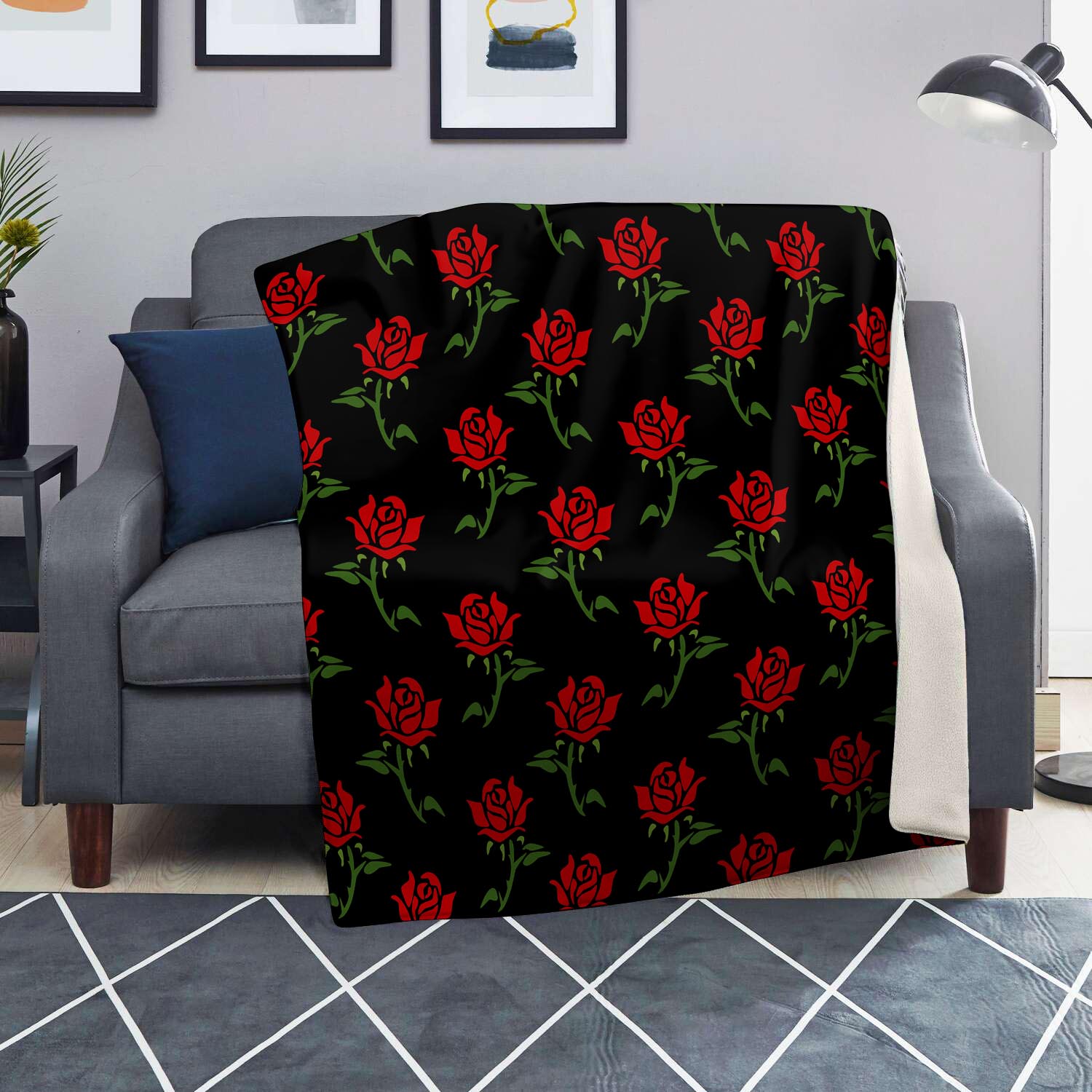 Red Doodle Rose Floral Blanket-grizzshop