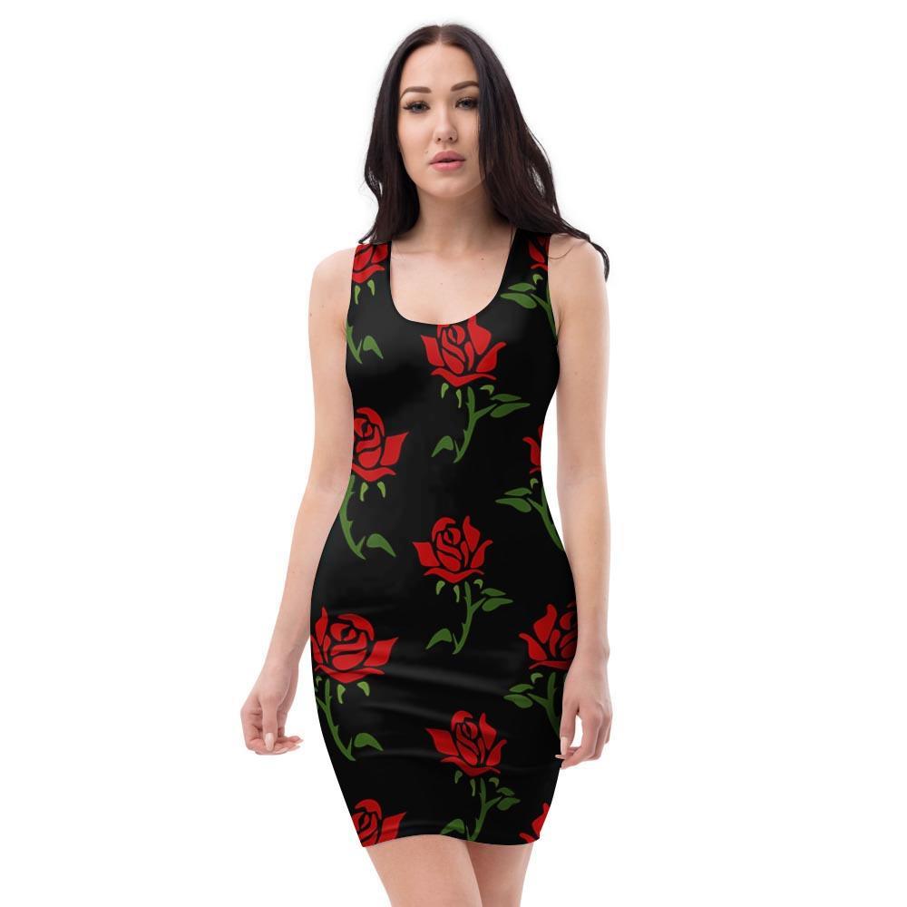 Red Doodle Rose Floral Bodycon Dress-grizzshop