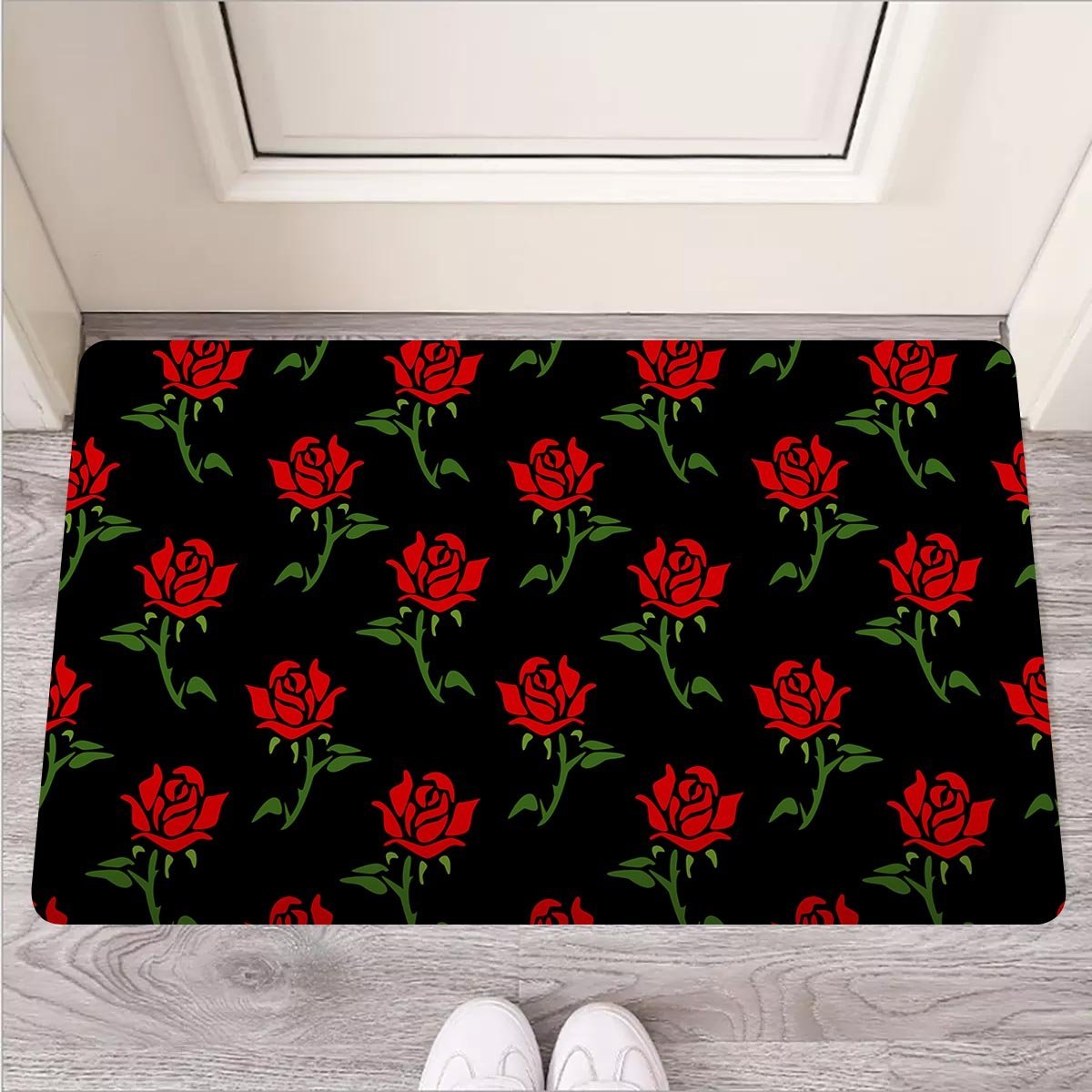 Red Doodle Rose Floral Door Mat-grizzshop