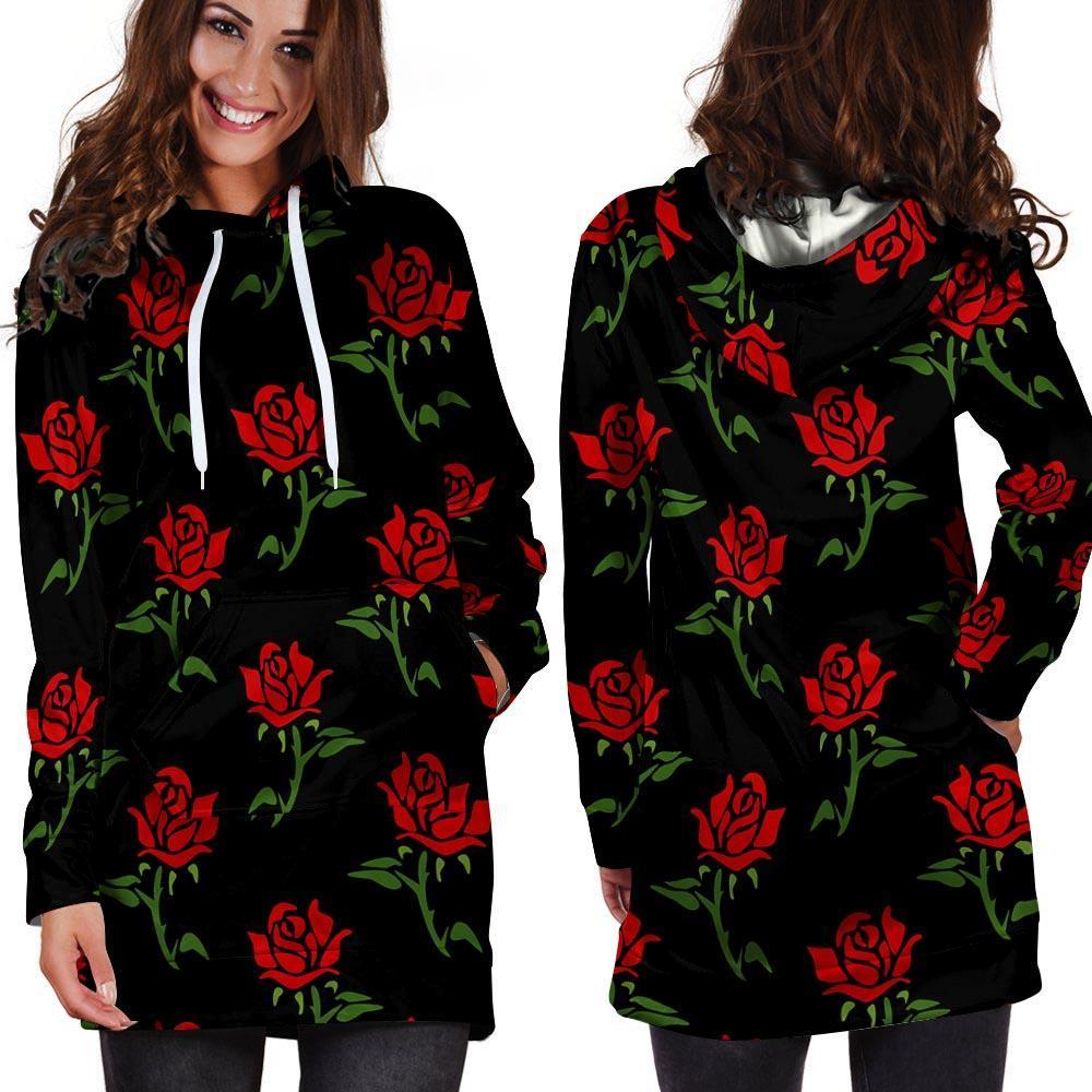 Red Doodle Rose Floral Hoodie Dress-grizzshop