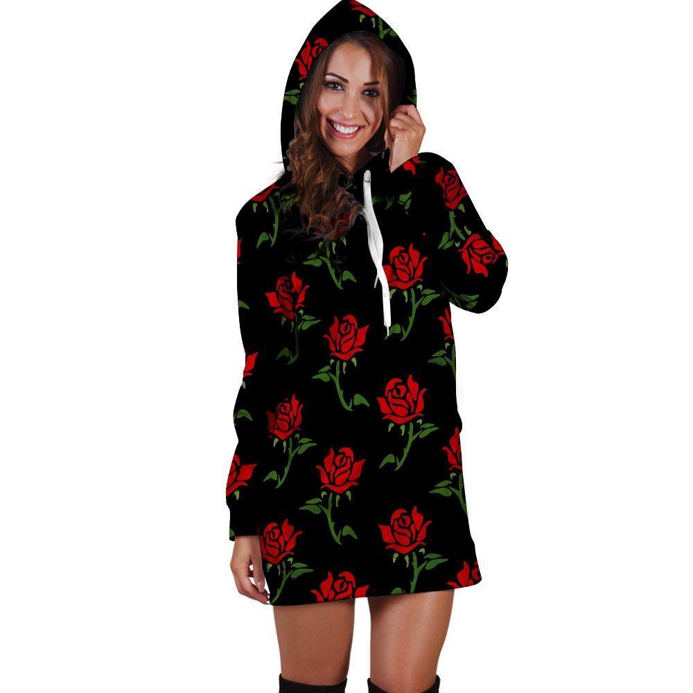 Red Doodle Rose Floral Hoodie Dress-grizzshop