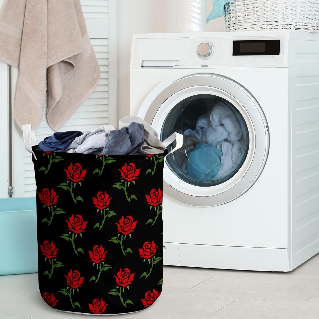 Red Doodle Rose Floral Laundry Basket-grizzshop
