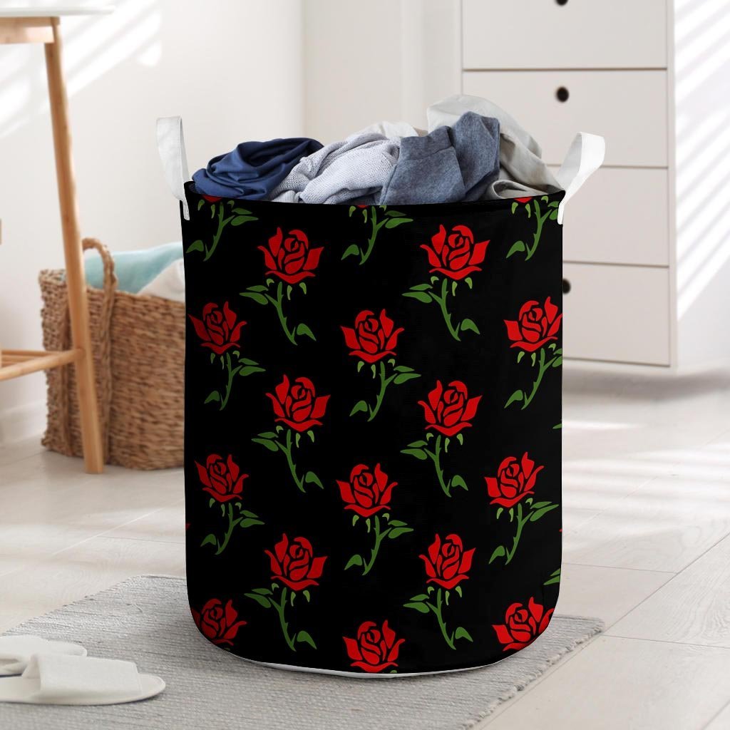 Red Doodle Rose Floral Laundry Basket-grizzshop
