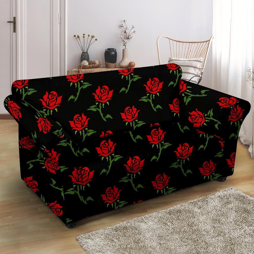 Red Doodle Rose Floral Loveseat Cover-grizzshop