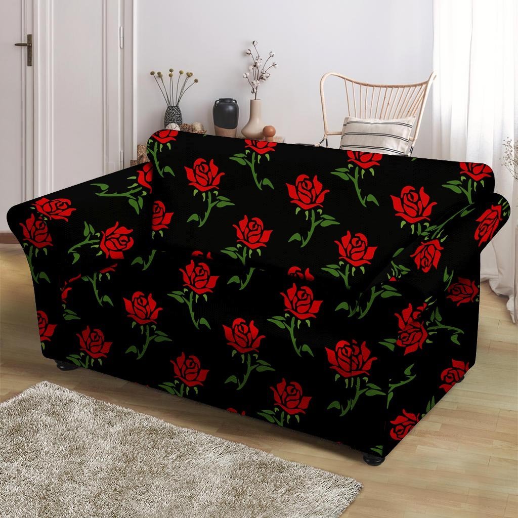 Red Doodle Rose Floral Loveseat Cover-grizzshop