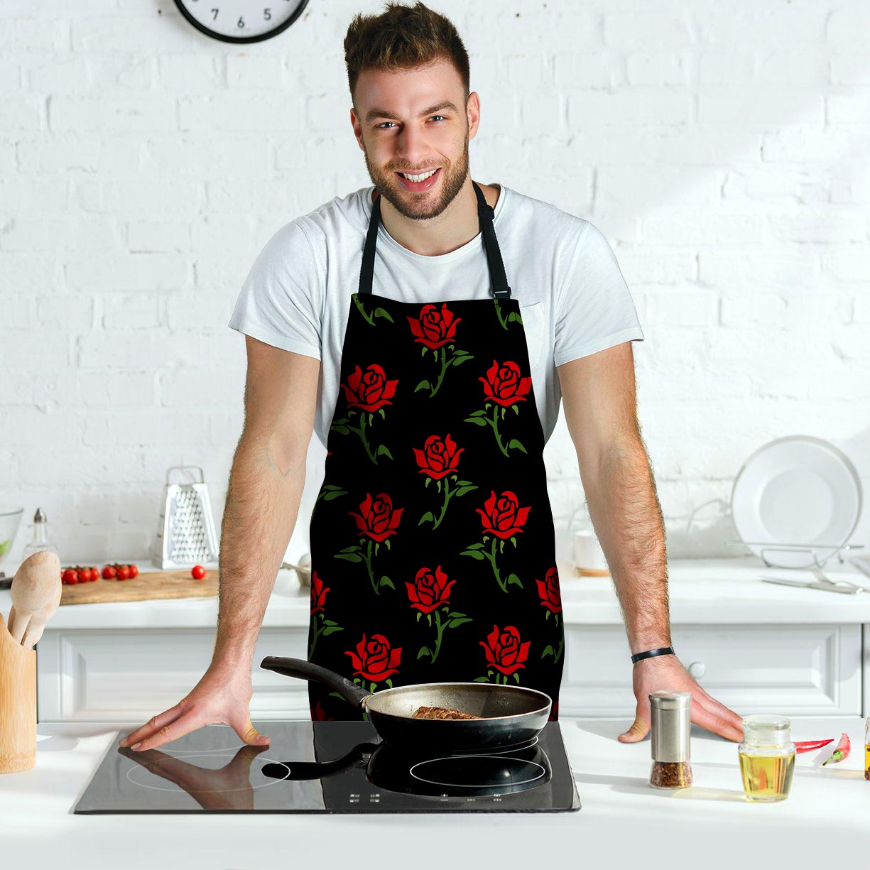 Red Doodle Rose Floral Men's Apron-grizzshop