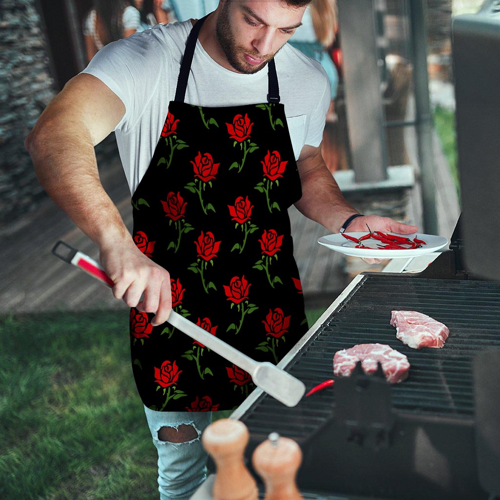 Red Doodle Rose Floral Men's Apron-grizzshop