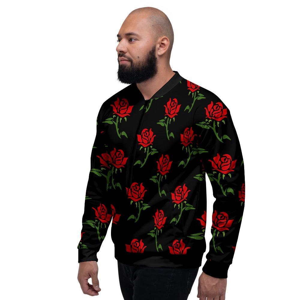 Red Doodle Rose Floral Men's Bomber Jacket-grizzshop