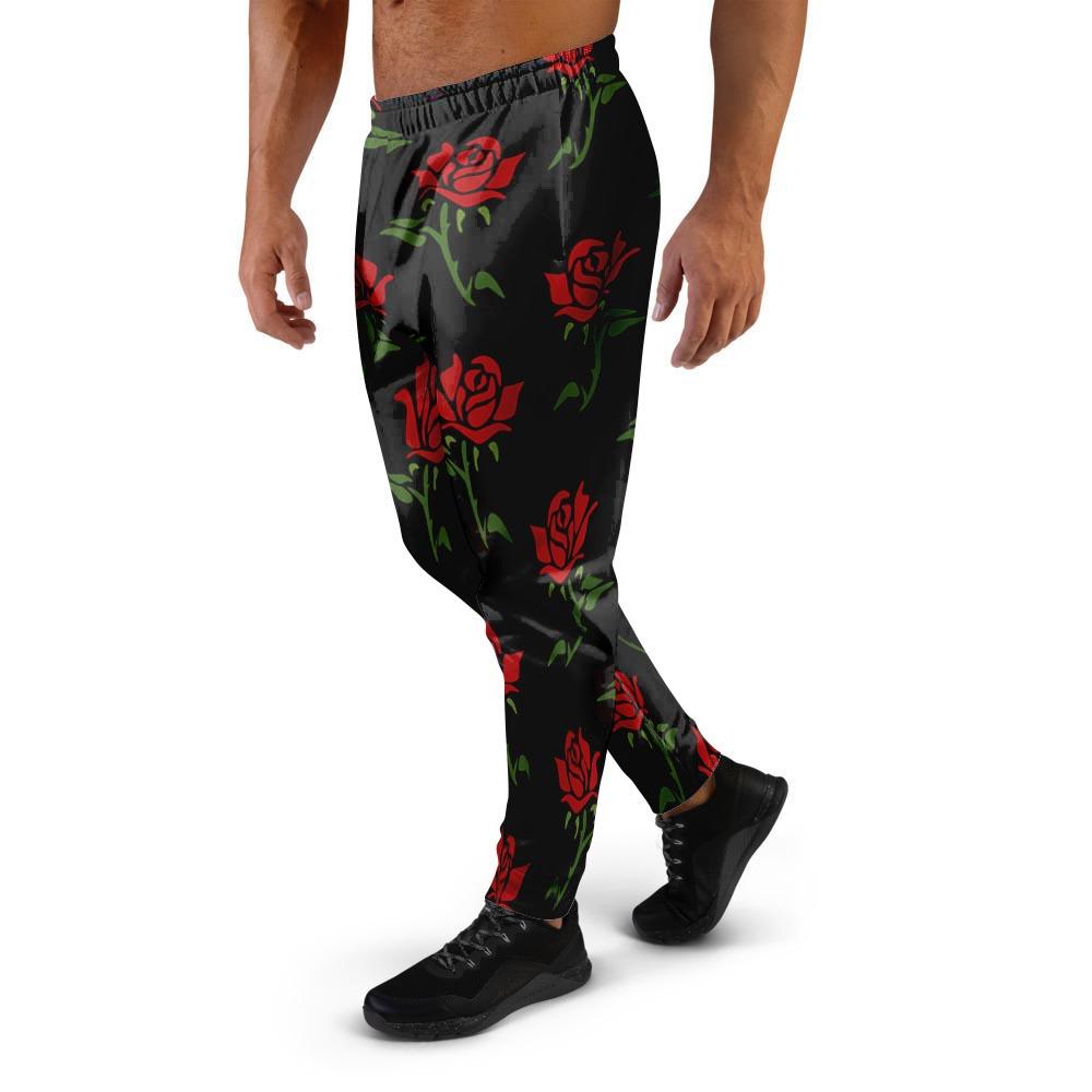 Red Doodle Rose Floral Men's Joggers-grizzshop