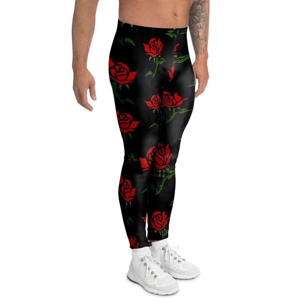 Red Doodle Rose Floral Men's Leggings-grizzshop