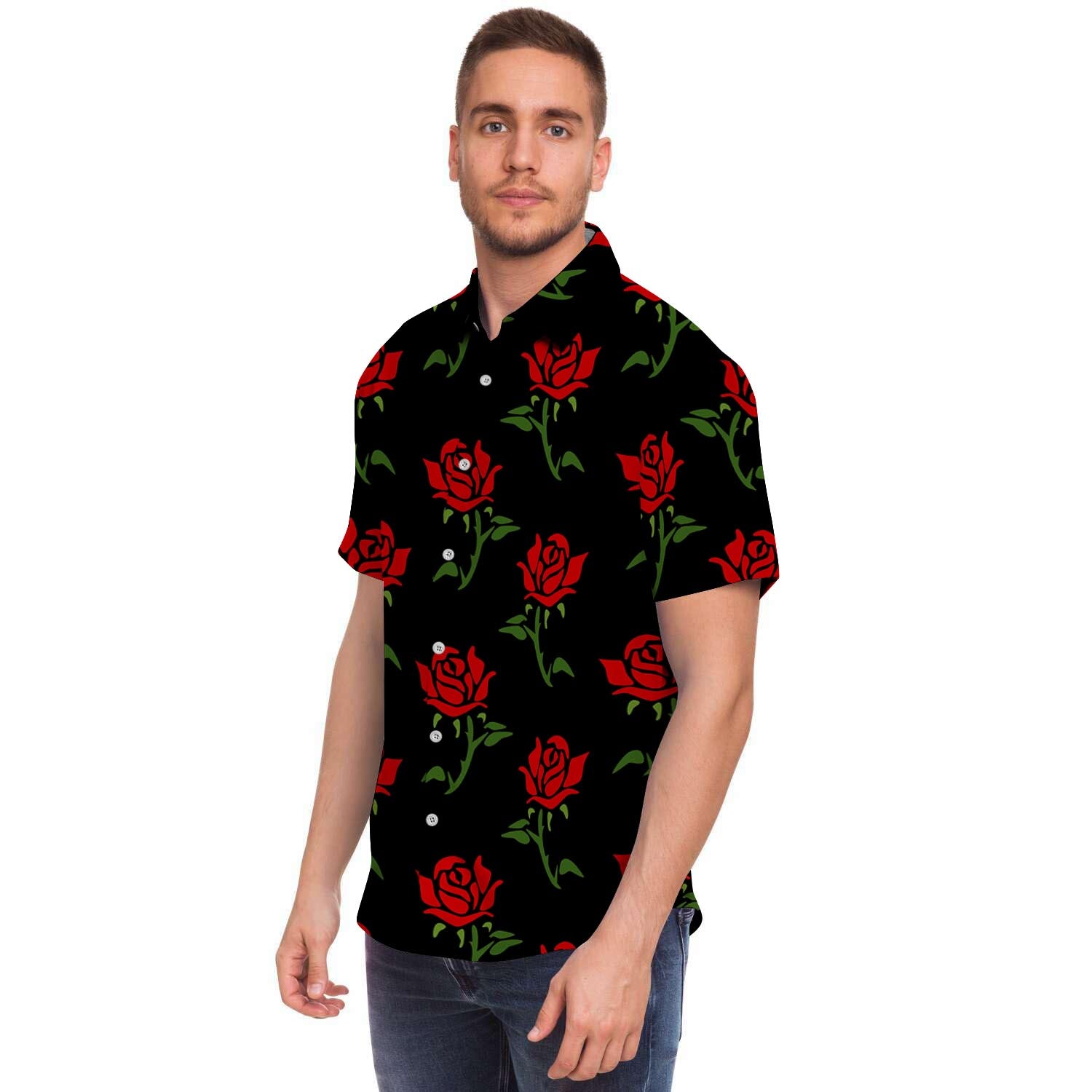 Red Doodle Rose Floral Men's Short Sleeve Shirt-grizzshop