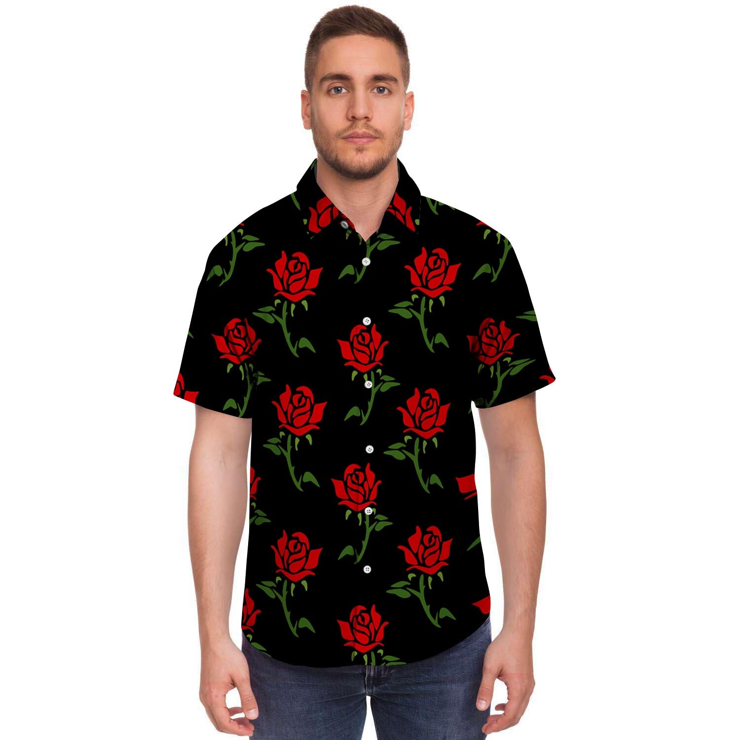 Red Doodle Rose Floral Men's Short Sleeve Shirt-grizzshop