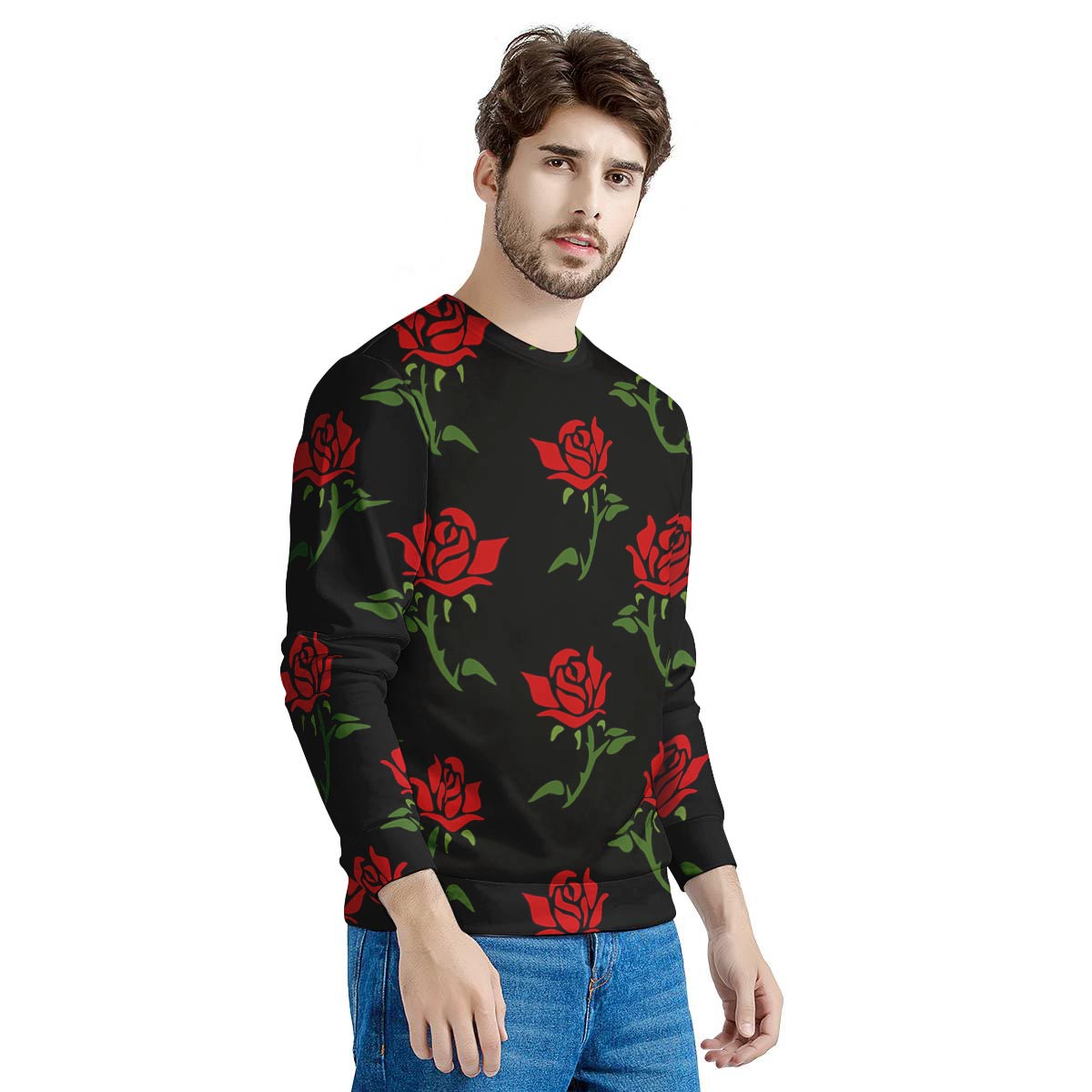 Red Doodle Rose Floral Men's Sweatshirt-grizzshop