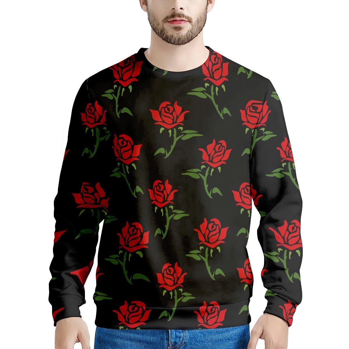 Red Doodle Rose Floral Men's Sweatshirt-grizzshop