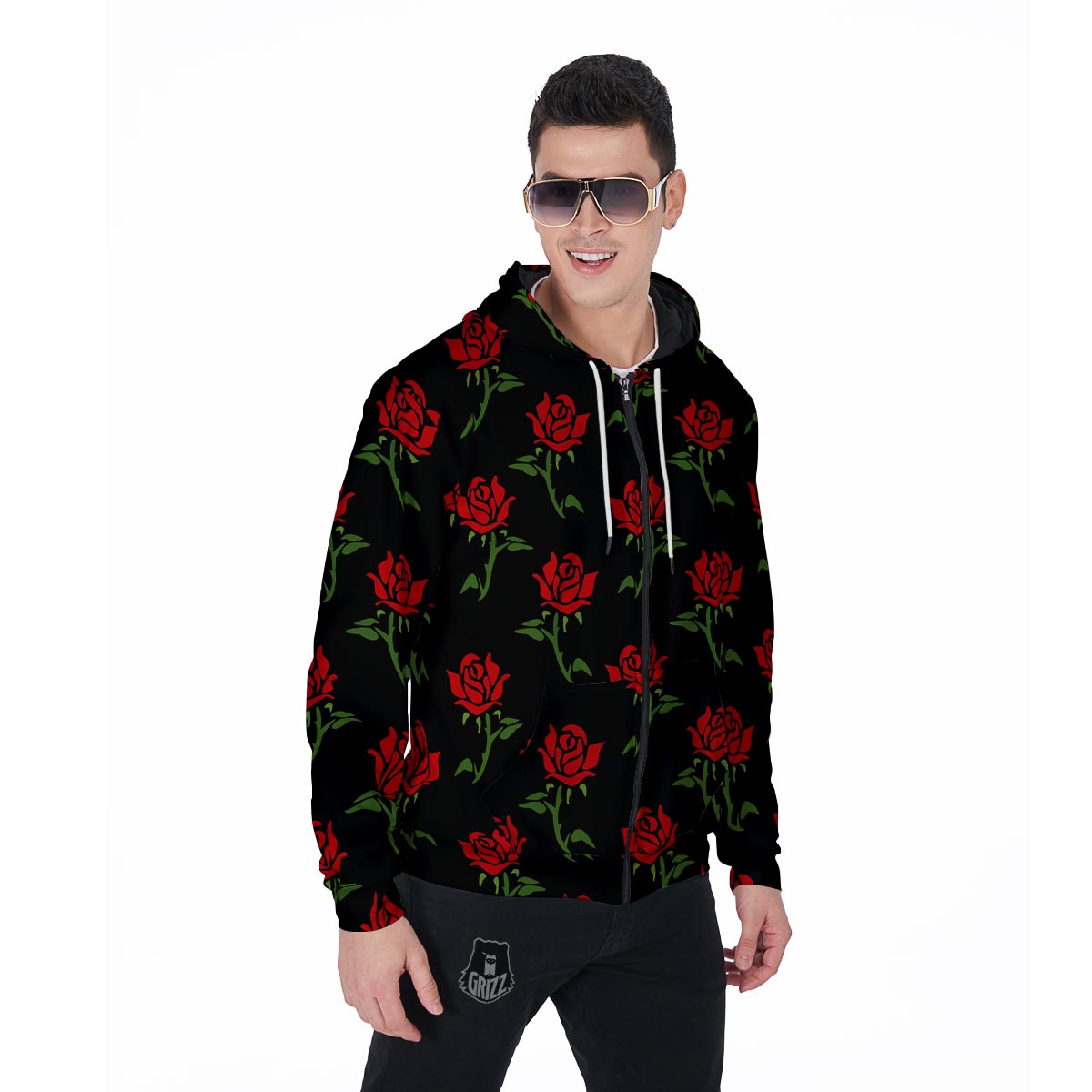 Red Doodle Rose Floral Men's Zip Up Hoodie-grizzshop